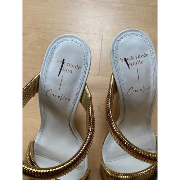 BLACK Suede Studio BNWT "Lisa" Dual Band Heels Gold White Sz 36 New Leather - Picture 4 of 10
